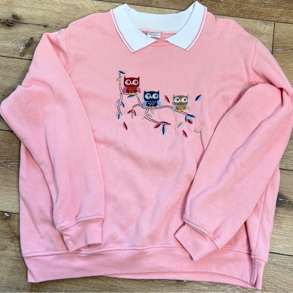 Vintage Adrian Delafield Womens XL Pink Owl Sweatshirt Collared Cottagecore EUC - Picture 12 of 14